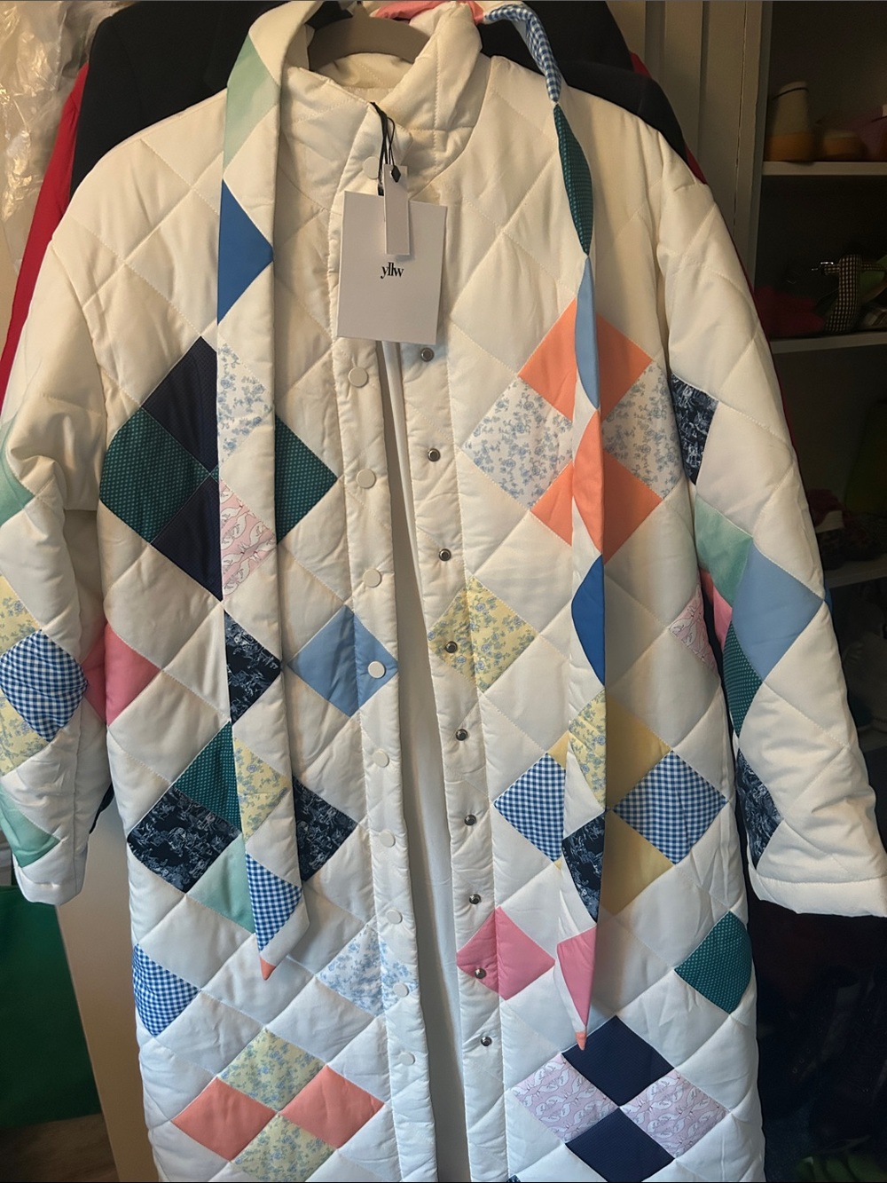 Yellow the Label Quilted Patchwork Belted Coat - White with Multicolor Diamonds - Picture 7 of 8